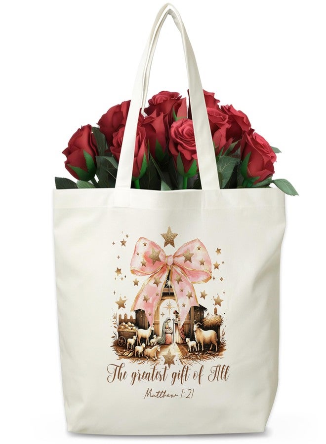 Mueddur Christian Christmas Canvas Totes, Pink Bow Shoulder Bags, Religious Christmas Farmers Market Bag, Bible Verse Reusable Grocery Bags, Holiday Gifts Bag For Women, 10 - Image 1